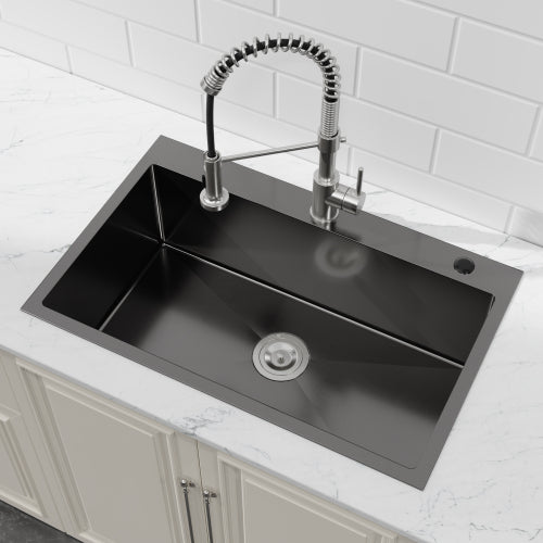 Stainless Steel Kitchen Sink, 30″x19″ Single Bowl, Overmount Handmade Sink in Black, with US Standard Drain and Hook