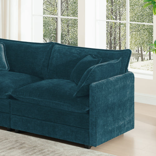 Blue Chenille Modern Deep-Seat Loveseat Sofa with 4 Throw Pillows