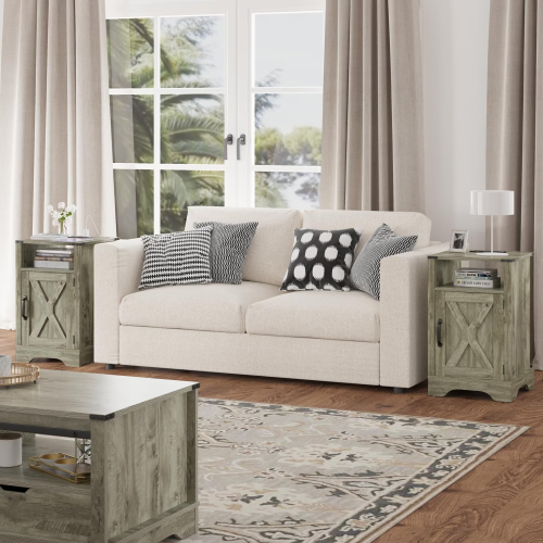 Warm Grey Farmhouse Nightstand with Charging Cabinet