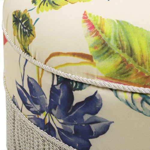 24 inch Round Upholstered Accent Ottoman, Beige Tropical Floral Woven Fabric Ottoman with Bullion Fringe