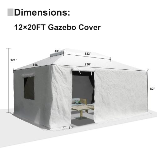 12'x20' Gazebo Cover for Hardtop Gazebos, Outdoor Universal Winter Gazebo Cover with Sidewalls and Mesh Windows, All Season Waterproof Enclosed Gazebo Cover, White