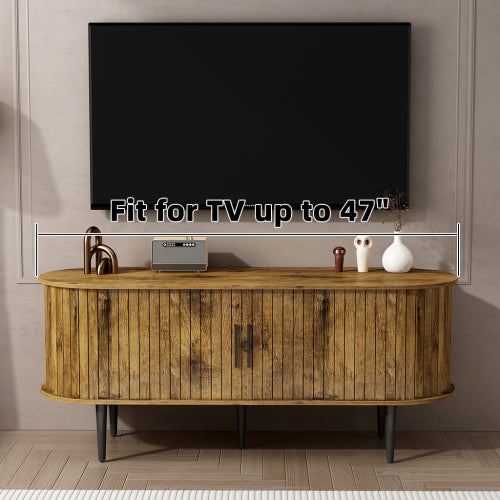 47 Inch Brown Mid-Century Fluted Sliding Door TV Console MDF Entertainment Center with Metal Legs