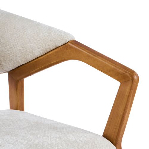 Set of 2 Beige Chenille Arm Dining Chairs, Teak Bent Wood Frame 300lbs Weight Capacity