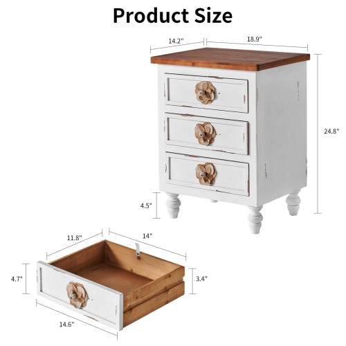 Distressed White 3-Drawer Farmhouse Nightstand