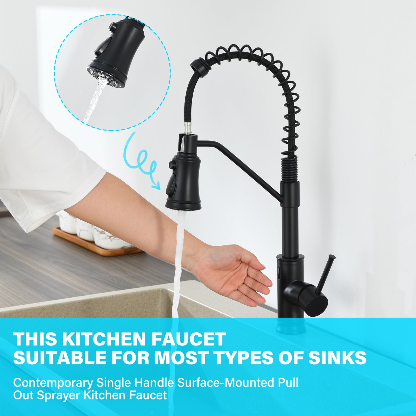 Single Handle Pull Out Sprayer Kitchen Faucet in Black