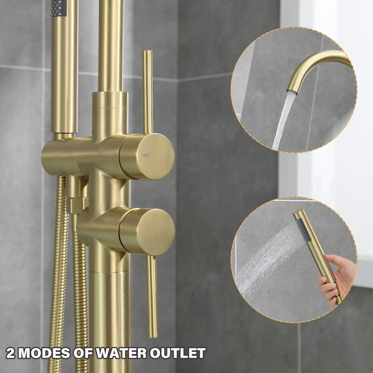 Single-Handle Free Standing Claw Foot Freestanding Tub Faucet with Handheld Shower in Brushed Gold