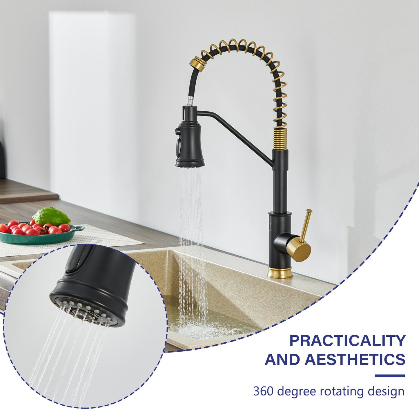 Single Handle Pull Out Sprayer Kitchen Faucet in Matte Black and Gold