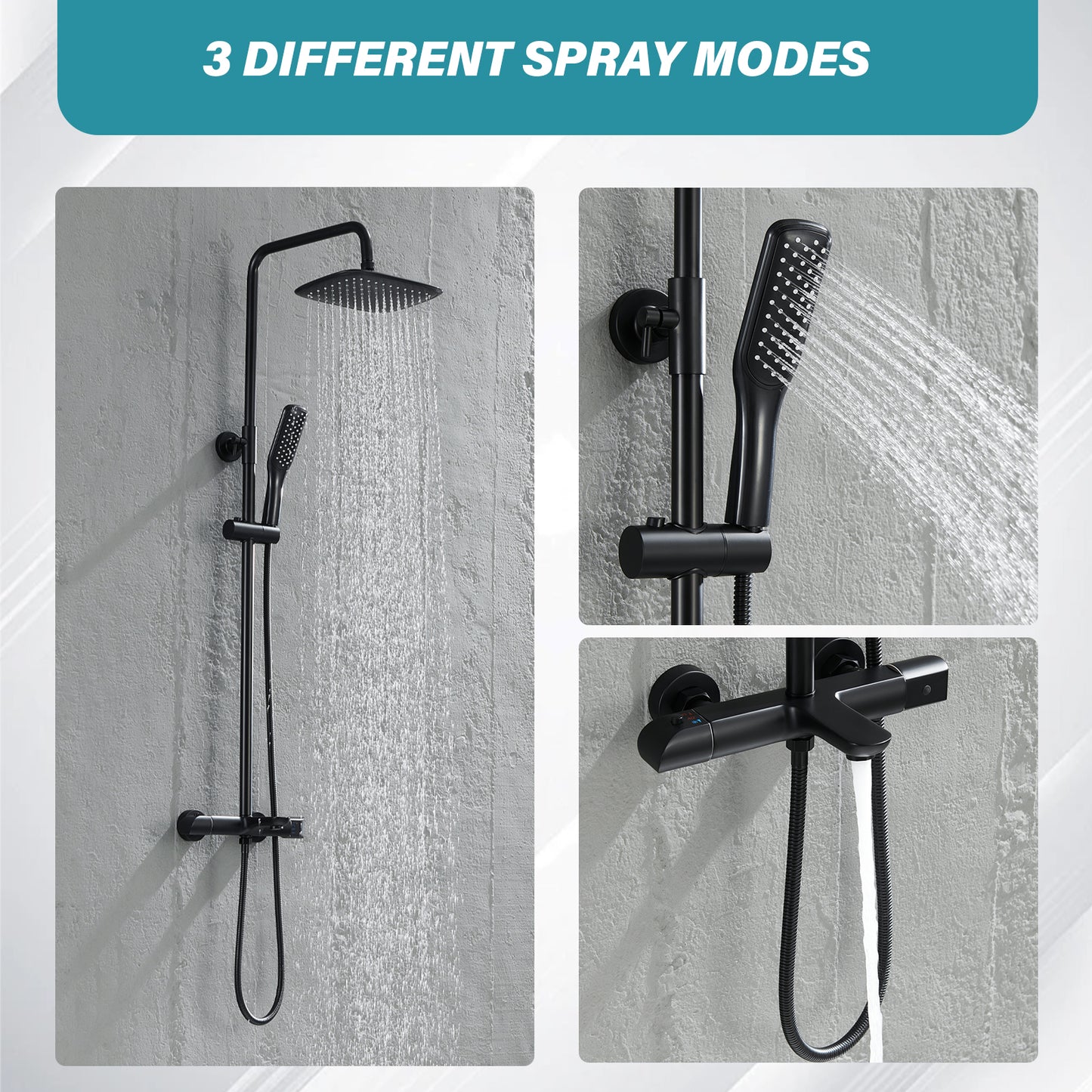Modern Wall Bar Shower Kit 1-Spray 10 in. Square Rain Shower Head with Hand Shower in Matt Black