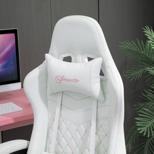 High Back PU Leather Gaming Chair, Racing Computer Chair with Swivel Wheels, Retractable Footrest, Headrest, Lumbar Support, and Armrest, White and Pink