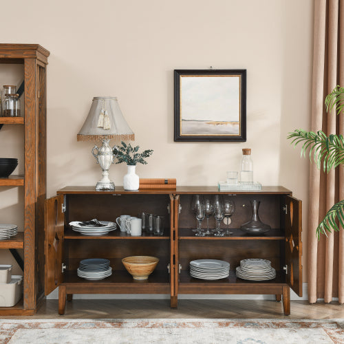 60.5 Inch Walnut Mid-Century Modern Sideboard Four-Door Adjustable Shelf TV Cabinet With Reserved Wire Holes