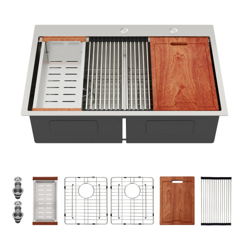 Topmount Drop in Kitchen Sink - 33"x 22" x 10" Double Bowl (50/50) Kitchen Sink 16 Gauge with Two 10" Deep Basin, Brushed Nickel