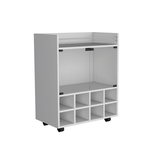 Bar Cart with Built-In 8-Bottle Rack, Double Glass Door Cabinet, and Aluminum-Edged Top Surface