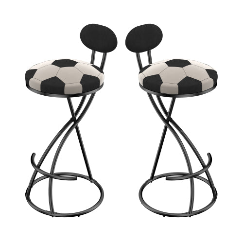Upholstered S-shaped Barstools Set of 2 Velvet Counter Bar Stools Football Print Round Dining Stool for Kitchen & Living Room (Black Frame & Black Back)