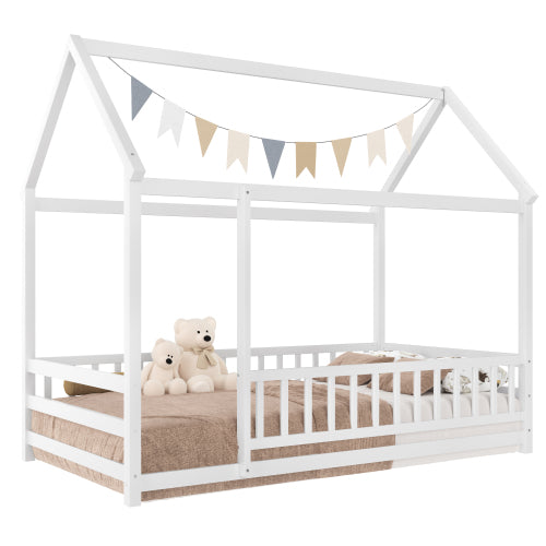 Twin Size Floor Wooden Bed with House Roof Frame, Fence Guardrails,White