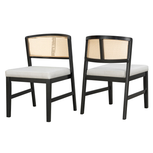 Set of 2 Rattan Dining Chairs with Upholstered Seat, Curved Rattan Back and Rubber Wood Frame, Black