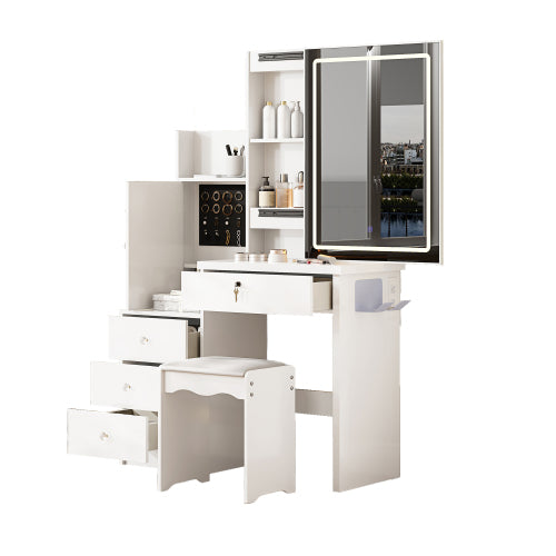 White Vanity Desk Set with Sliding Lighted Mirror, 4 Drawers & 9 Storage Spaces, Hidden Compartments, Cushioned Stool