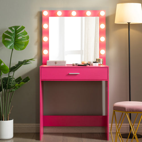 Pink Vanity Desk with Mirror and Lights, 11 LED Bulbs, Large Drawer, 3 Lighting Modes, Bedroom