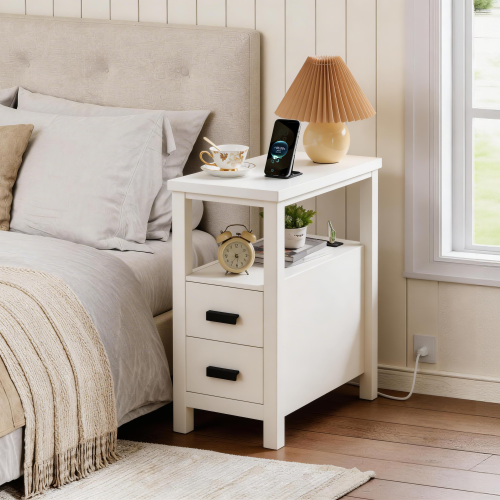 End Table with Charging Station,Side Tables with USB Ports & Outlets,Side Table with 2 Drawers, Small Wood Bedside Table, Small Rustic Side Table, Modern End Table with Drawer