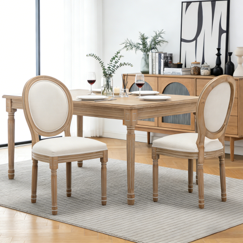 Wood Dining Chairs with Linen Upholstered Backs, Set of 2, Beige