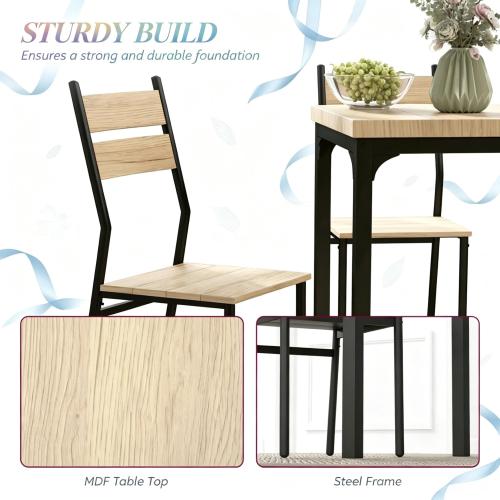 3-Piece Rustic Industrial Dining Set, Light Wood Grain MDF Table & 2 Slatted High Back Chairs
