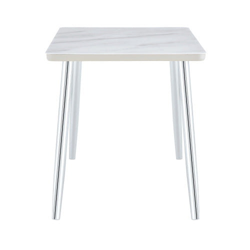 Marble Pattern Glass Dining Table with Silver Tapered Metal Legs