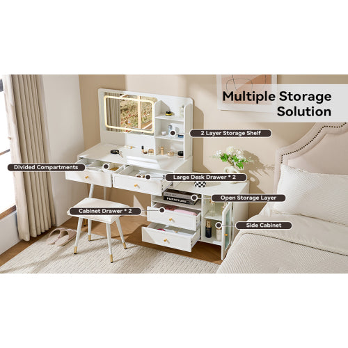 White Expandable Vanity Desk with LED Lighted Mirror, Adjustable Position Side Cabinet, Power Strip & Storage Drawers