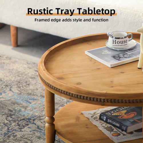 31.3inch Round Boho 2-Tier Coffee Table, Beaded Trim & Curved Solid Wood Legs, Rustic Accent Table