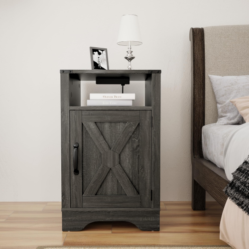 Farmhouse Nightstand with Charging Station, Rustic End Table with Storage Cabinet, Dark Grey