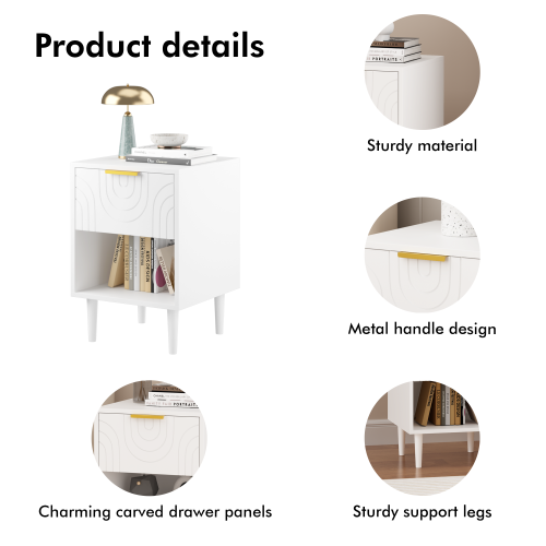 22.83'' H Modern White Nightstand with One Drawer and Open Shelf, Gold - Accented Handle, Ideal for Bedroom Decor