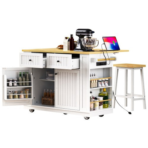 48inch Kitchen Island with 2 Bar Stools, Power Outlet, Door Internal Storage Rack, Kitchen Storage Cart on 5 Wheels with Drop Leaf, 5 Side Racks, 2 Drawers,White