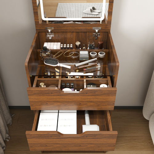Walnut 3?in?1 Flip?Top Lighted Vanity Desk 18.9 inch L, Shatter?Proof HD Mirror, Storage Stool