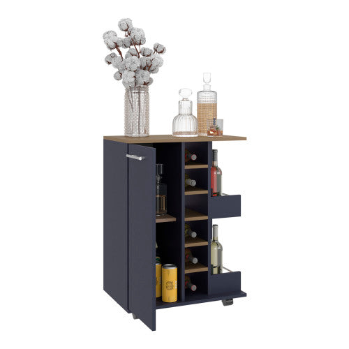 Bar Cart, Two External Shelves, Four Casters, Six Built-In Wine Rack, Single Door Cabinet, Natural Oak, Blue