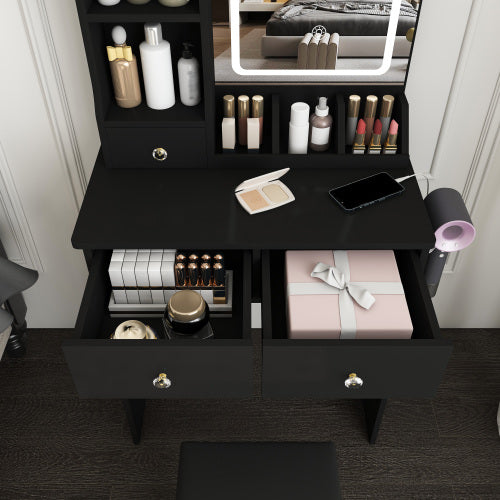 Black Small Vanity Desk w/ LED Mirror, 3 Drawers, Open Shelves, Power Socket, Hair Dryer Holder & Dressing Chair