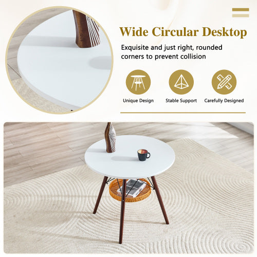31.5 Inch Round Coffee Table with Woven Basket, White & Walnut
