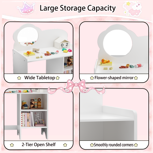 Kids Vanity Table with Mirror and Chair, Wooden Children's Dressing Makeup Desk with Storage Shelves, Playroom Bedroom, White