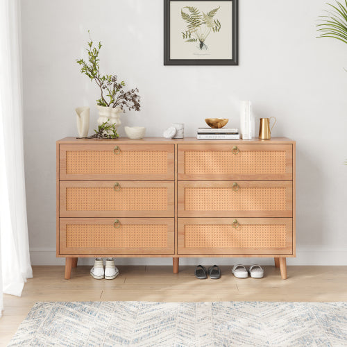 Rattan 6 Drawer Double Dresser for Bedroom, Chest of Dressers, Modern Dresser Drawer Chest