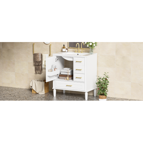 30" Bathroom Vanity with Ceramic Sink, Soft-Close Door with Built-in Shelf, Deep Drawer, Standard Drawer, Long Divider Drawer, Ample Storage Cabinet for Bathroom, Modern & Functional Design
