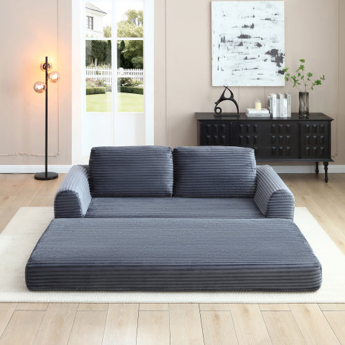 Grey Corduroy Boneless Folding Convertible Sofa-Bed Futon with 2 Pillows, No-Assembly Modular Pull-Out Sleeper Couch