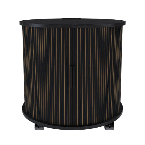 Black Cylinder Nightstand, Mid-Century Round End Table with Charging Station & 2-Tier Storage