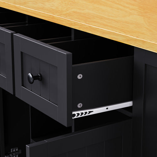 53inch Large Kitchen Island with 2 Bar Stools, Power Outlet,Door Internal Storage Rack, Kitchen Storage Cart on 5 Wheels with Drop Leaf, 5 Open Side Racks, 3 Drawers,Black (Three Packages)