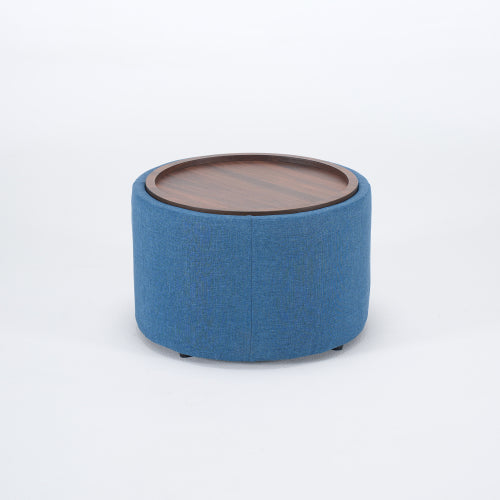 Blue 2-Piece Linen Nesting Storage Ottoman Set, Round Foot Stool with Wood Tray, Fully Assembled 396 LBS