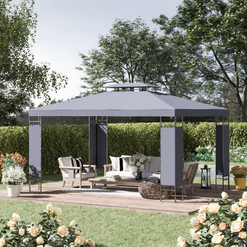 Outsunny 10' x 13' Patio Gazebo, Double Roof Outdoor Gazebo Canopy Shelter with Screen Decorate Corner Frame, for Garden, Lawn, Backyard and Deck, Gray