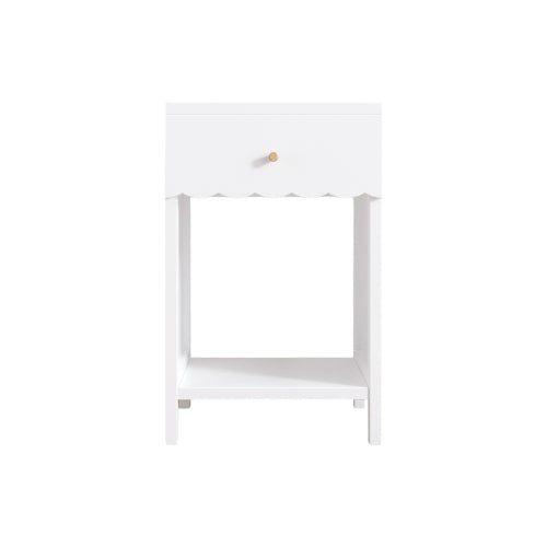 Modern White Nightstand with Drawer and Open Shelf,Scalloped Edge Bedside Table for Bedroom, Cute Minimalist Side Table for Kids Room or Girls' Room