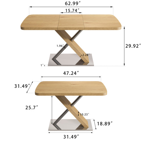 47.25inch-63inch Extendable Dining Table with Metal Base, Seats 4-6, Natural Wood