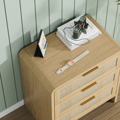 Rattan Nightstand 3 Drawers, 22.8inch Wide Curved Wooden Bedside Table, Modern Storage for Bedroom, Natural Oak.