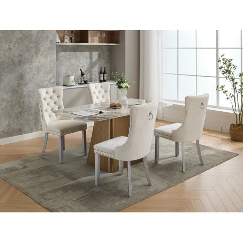 Set of 2 Milky White Mid-Century Velvet Tufted Dining Chairs, Solid Wood Leg Nailhead Trim 280lbs Weight Capacity