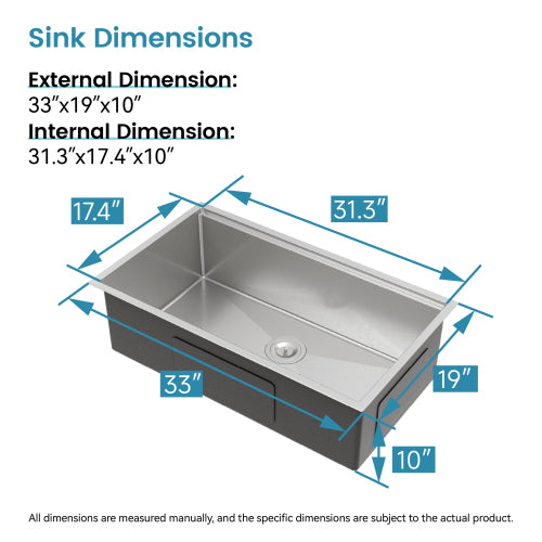 Stainless Steel Kitchen Sink, 33″x19″ Single Bowl, Undermount Handmade Sink in Dark Gray, with Cutting Board, Colander