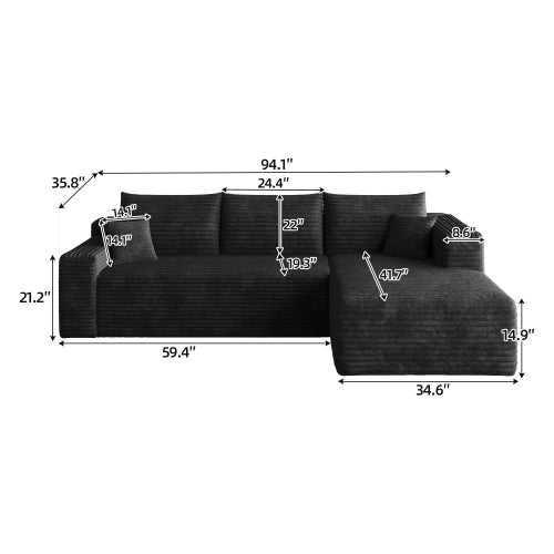 95 inch Black Plush Corduroy U-Shaped Cloud Modular Corner Sofa, No Assembly