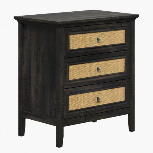 29.5-Inch Wide Boho Nightstand with 3 Drawers, Tall Rattan End Table with Storage