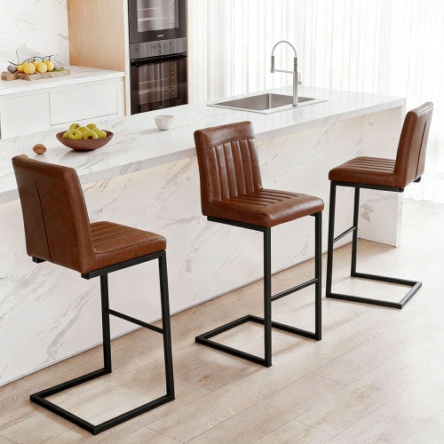 Back Brown Faux Leather Bar Stool ¨C Sturdy Black Metal Frame & Padded Seat, Stylish Seating for Kitchen Island, Home Bar & Dining Counter,2 Sets